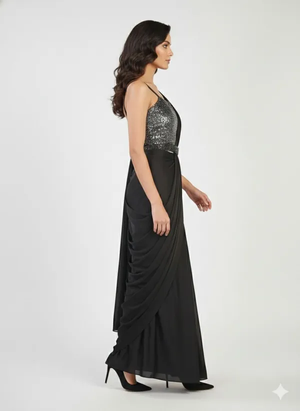 Oojal_Embroidered_Solid_Plain_Pre_Draped_Saree_Lycra_Saree_Black