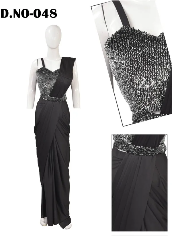 Oojal_Embroidered_Solid_Plain_Pre_Draped_Saree_Lycra_Saree_Black