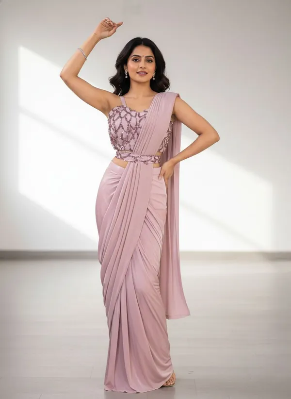 Oojal_Embroidered_Solid_Plain_Pre_Draped_Saree_Lycra_Saree_Pink