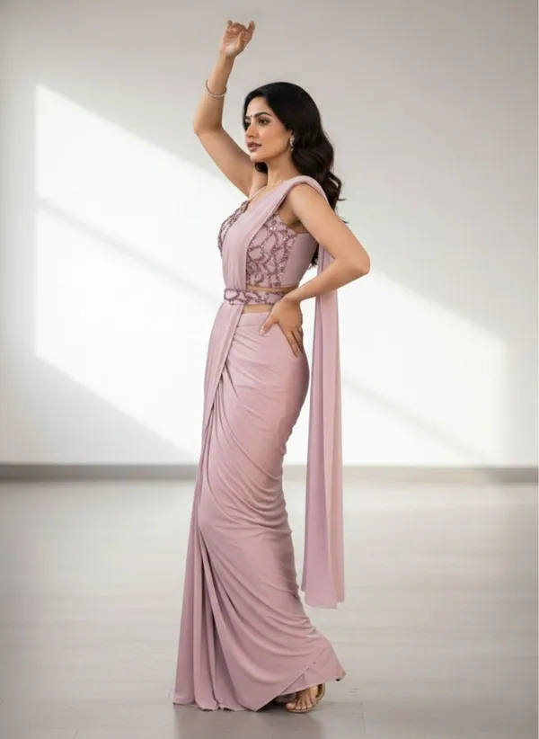 Oojal_Embroidered_Solid_Plain_Pre_Draped_Saree_Lycra_Saree_Pink