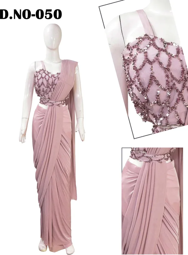 Oojal_Embroidered_Solid_Plain_Pre_Draped_Saree_Lycra_Saree_Pink