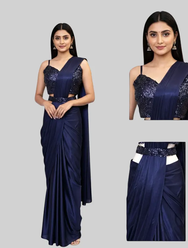 Oojal_Embroidered_Embellished_Pre_Draped_Saree_Lycra_Saree_Dark_Blue