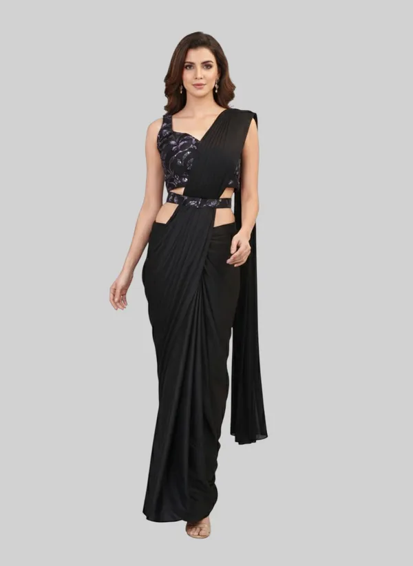 Oojal_Embellished_Solid_Plain_Pre_Draped_Saree_Lycra_Saree_Black