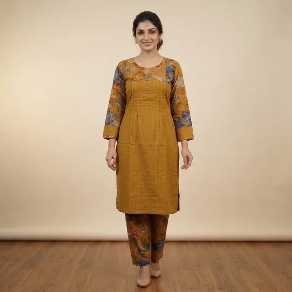 Mustard_Yellow_Floral_Print_Straight_Kurta_Pant_Set_For_Women