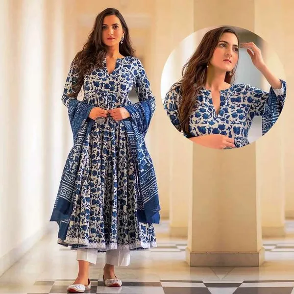 Blue_And_White_Floral_Print_Anarkali_Kurta_Set_For_Women