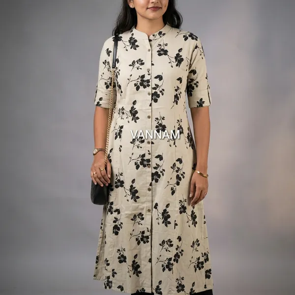 Off_White_A_Line_Floral_Print_Button_Down_Kurti_For_Women