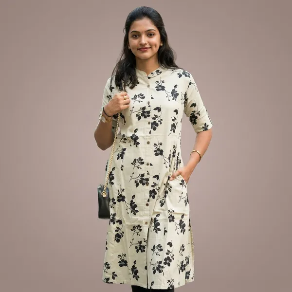 Off_White_A_Line_Floral_Print_Button_Down_Kurti_For_Women