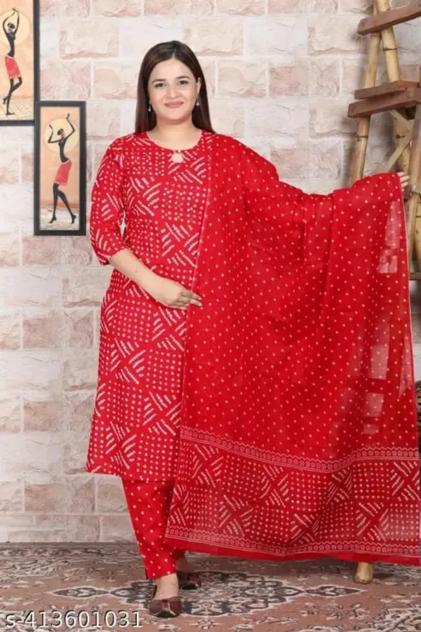 Red_Bandhani_Print_Kurta_Set_For_Women