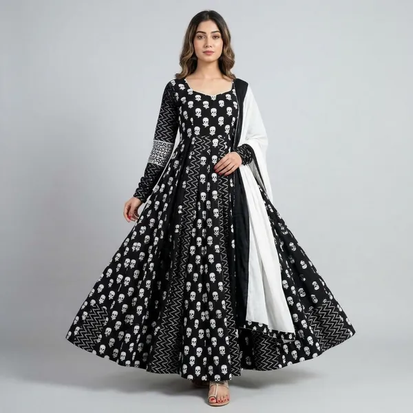 Black_And_White_Skull_Print_Anarkali_Dress_For_Women
