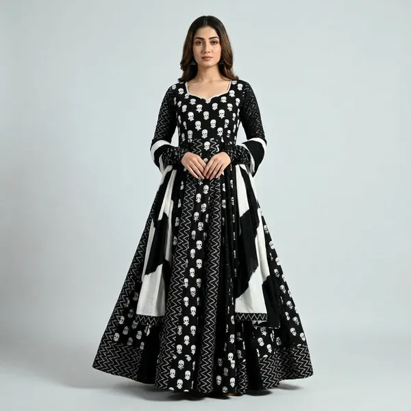 Black_And_White_Skull_Print_Anarkali_Dress_For_Women