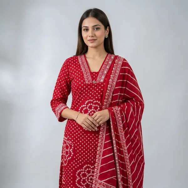 Red_Bandhani_Print_Kurta_Set_For_Women