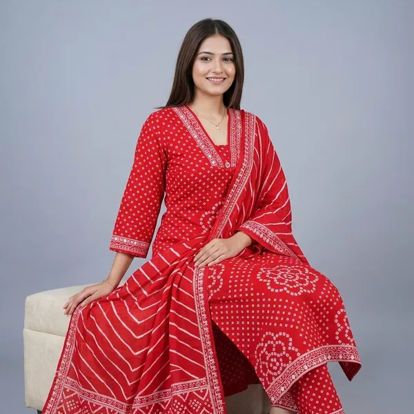 Red_Bandhani_Print_Kurta_Set_For_Women