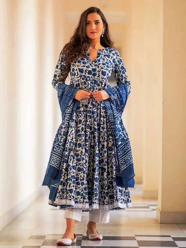 Blue_And_White_Floral_Print_Anarkali_Kurta_Set_For_Women