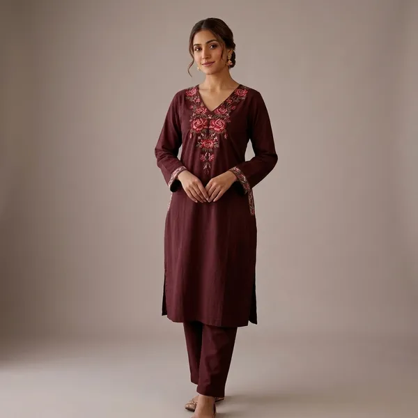 Maroon_Floral_Embroidered_Straight_Kurta_Set_For_Women