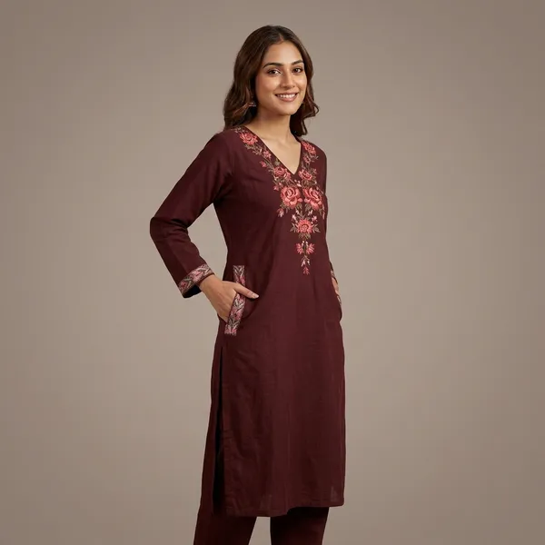 Maroon_Floral_Embroidered_Straight_Kurta_Set_For_Women