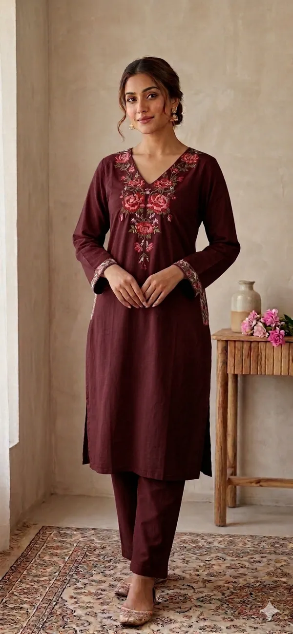 Maroon_Floral_Embroidered_Straight_Kurta_Set_For_Women