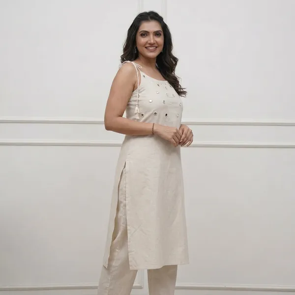 Cream_Sleeveless_Kurta_Pant_Set_For_Women
