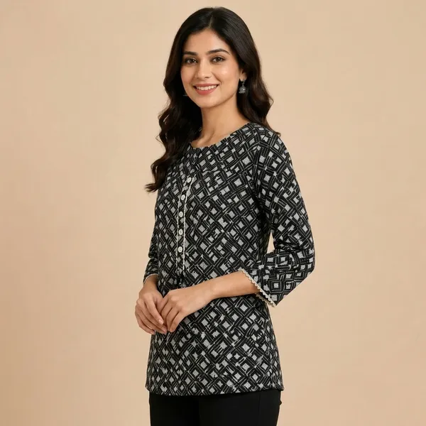 Black_Geometric_Print_A_Line_Top_For_Women