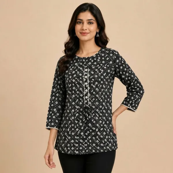 Black_Geometric_Print_A_Line_Top_For_Women