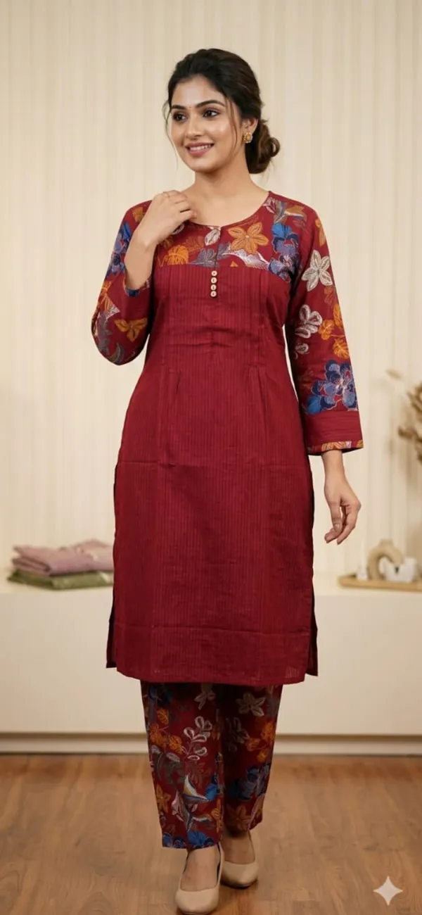 Maroon_Floral_Print_Straight_Kurta_Set_For_Women