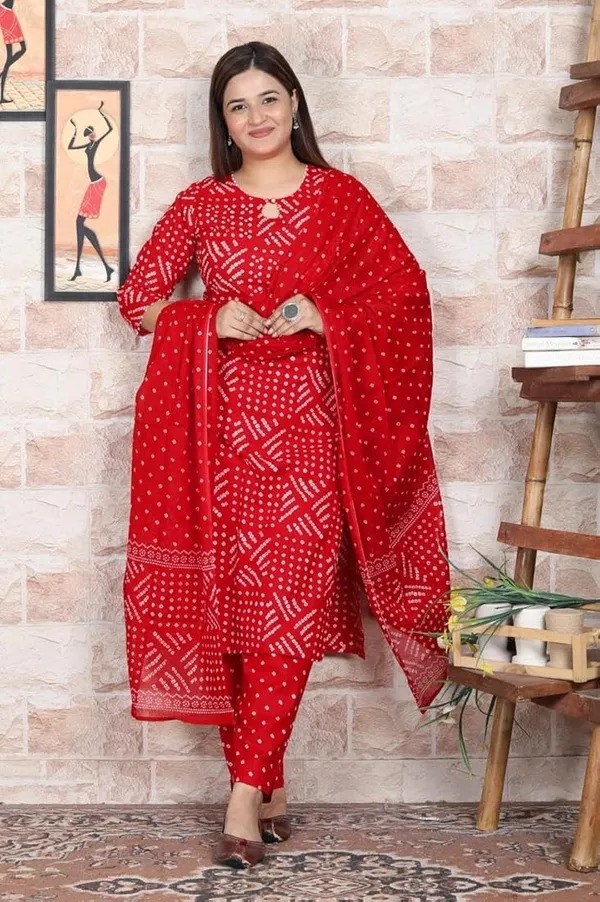 Red_Bandhani_Print_Kurta_Set_For_Women