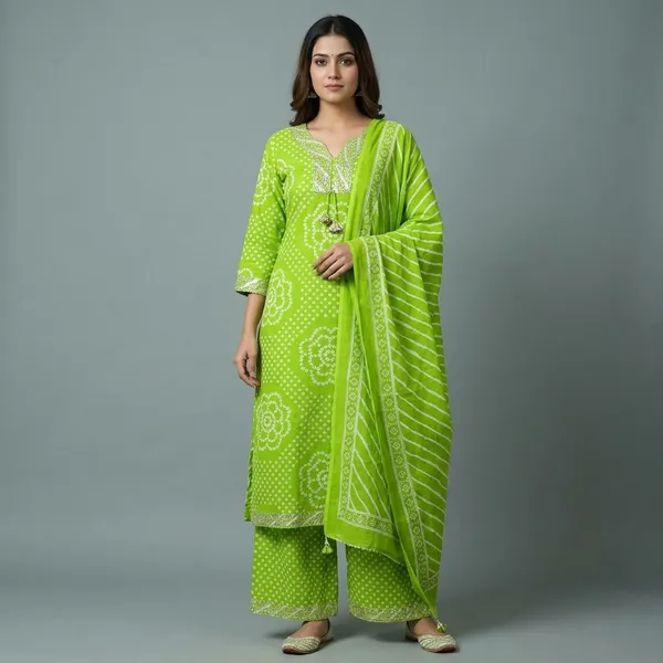 Green_Bandhani_Print_Kurta_Set_For_Women