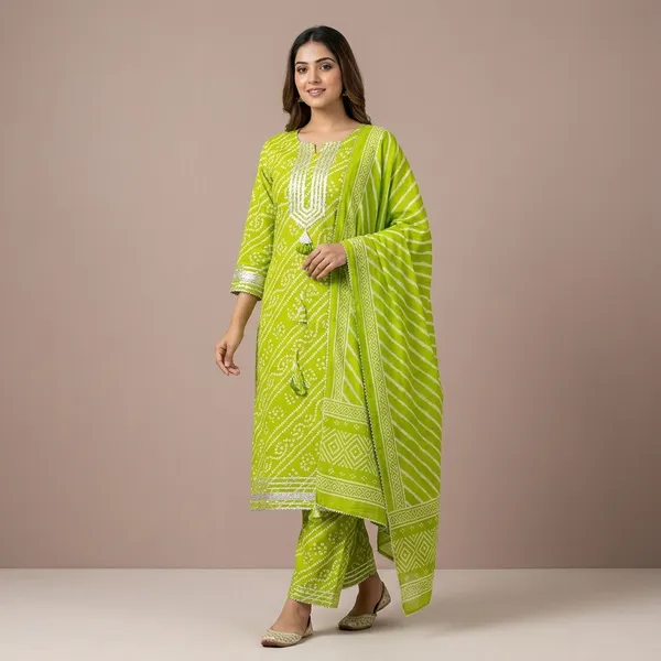 Green_Bandhani_Print_Kurta_Set_For_Women