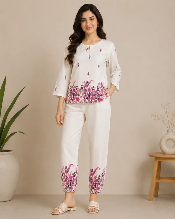 White_Relaxed_Fit_Floral_Print_Night_Suit_Set_For_Women
