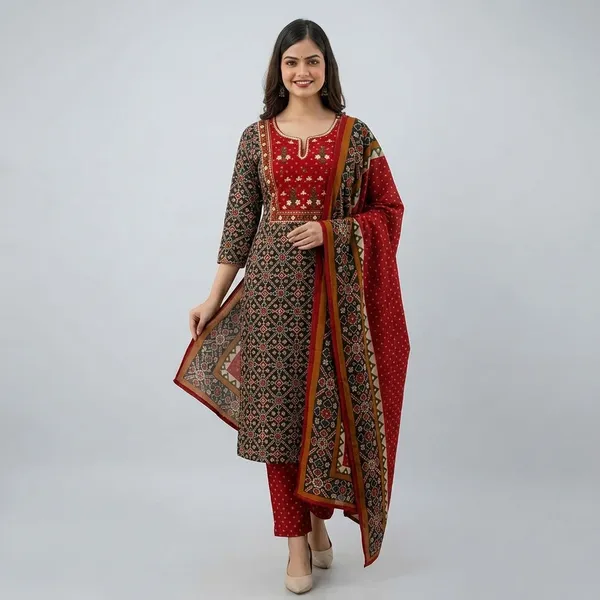 Red_And_Black_Printed_Salwar_Suit_Set_For_Women