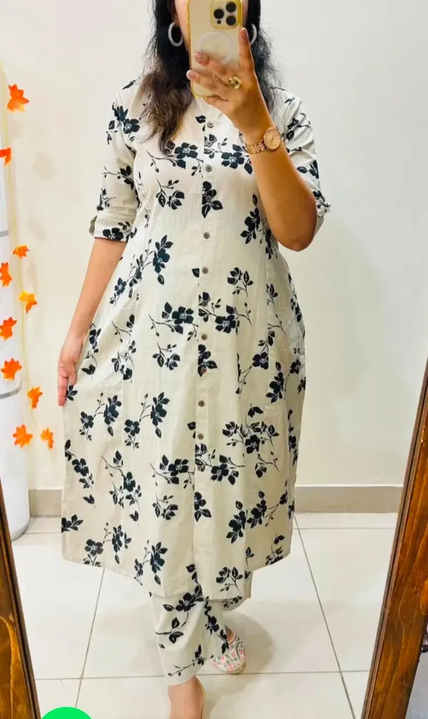 Off_White_A_Line_Floral_Print_Button_Down_Kurti_For_Women