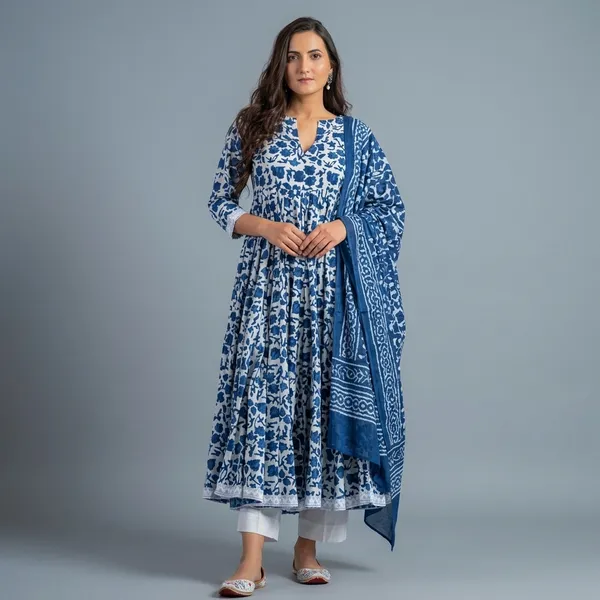 Blue_And_White_Floral_Print_Anarkali_Kurta_Set_For_Women