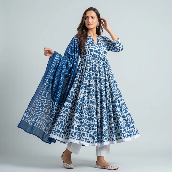 Blue_And_White_Floral_Print_Anarkali_Kurta_Set_For_Women