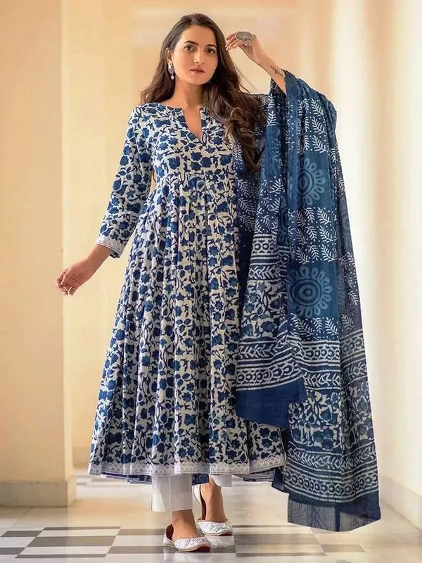 Blue_And_White_Floral_Print_Anarkali_Kurta_Set_For_Women