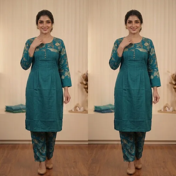 Teal_Floral_Print_Straight_Kurta_Pant_Set_For_Women