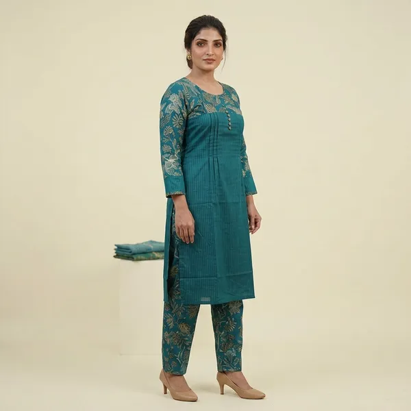 Teal_Floral_Print_Straight_Kurta_Pant_Set_For_Women