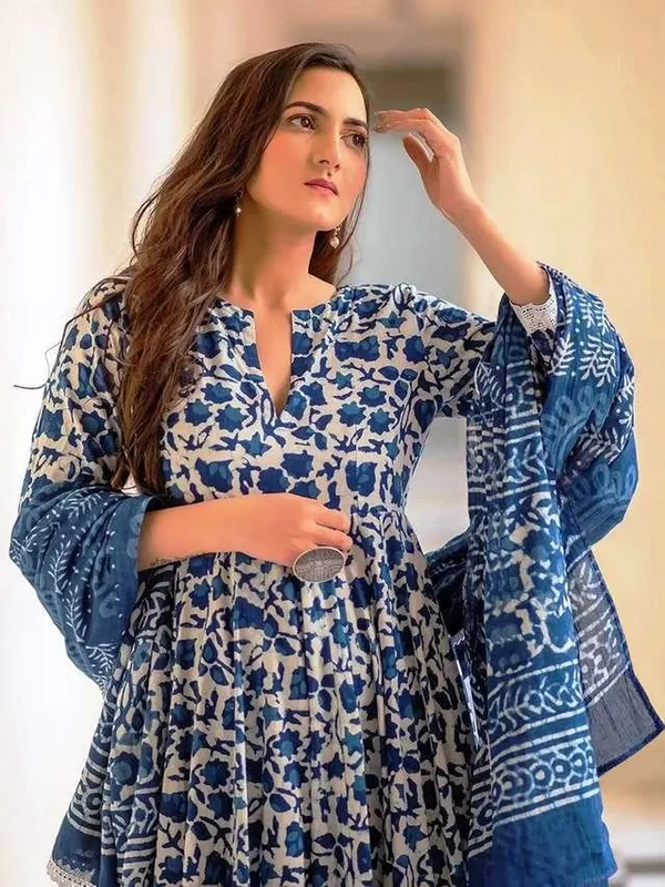 Blue_And_White_Floral_Print_Anarkali_Kurta_Set_For_Women