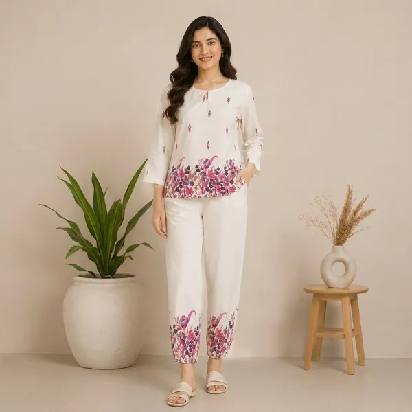 White_Relaxed_Fit_Floral_Print_Night_Suit_Set_For_Women
