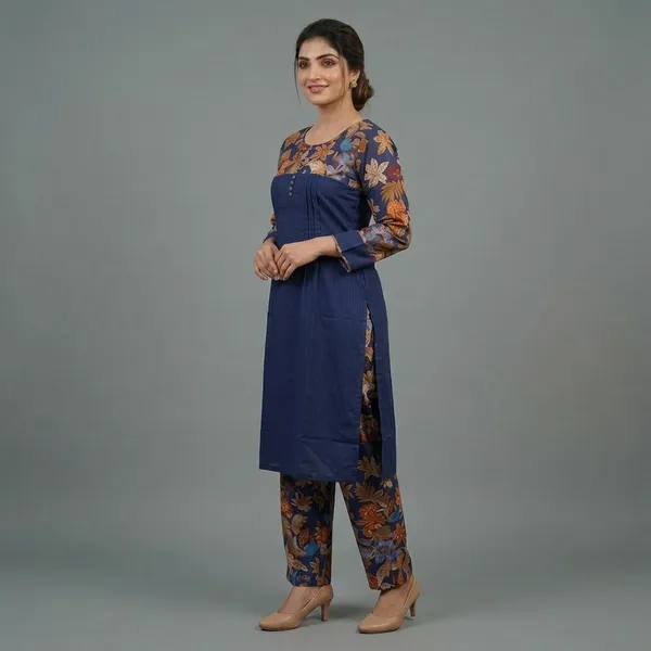 Navy_Blue_Floral_Print_Straight_Kurta_Pant_Set_For_Women