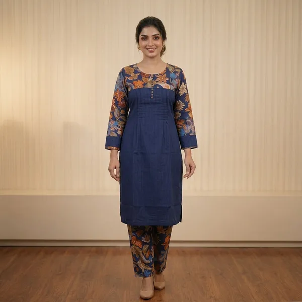 Navy_Blue_Floral_Print_Straight_Kurta_Pant_Set_For_Women