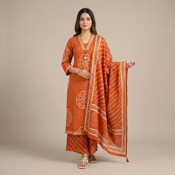 Orange_Bandhani_Print_Kurta_Set_For_Women