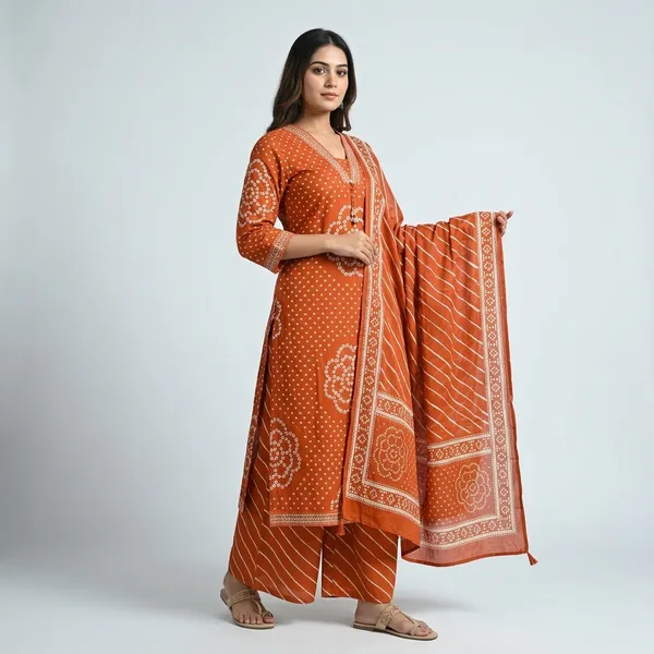 Orange_Bandhani_Print_Kurta_Set_For_Women