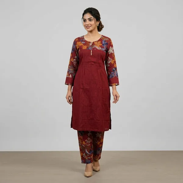 Maroon_Floral_Print_Straight_Kurta_Set_For_Women
