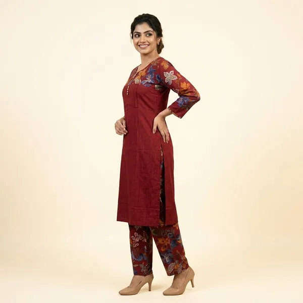 Maroon_Floral_Print_Straight_Kurta_Set_For_Women