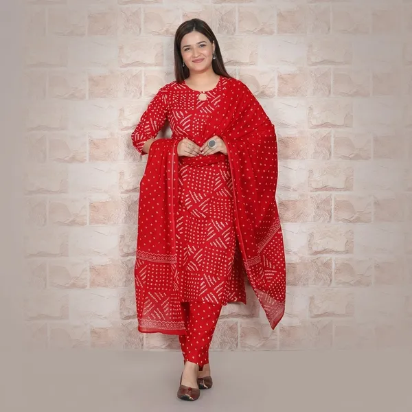 Red_Bandhani_Print_Kurta_Set_For_Women