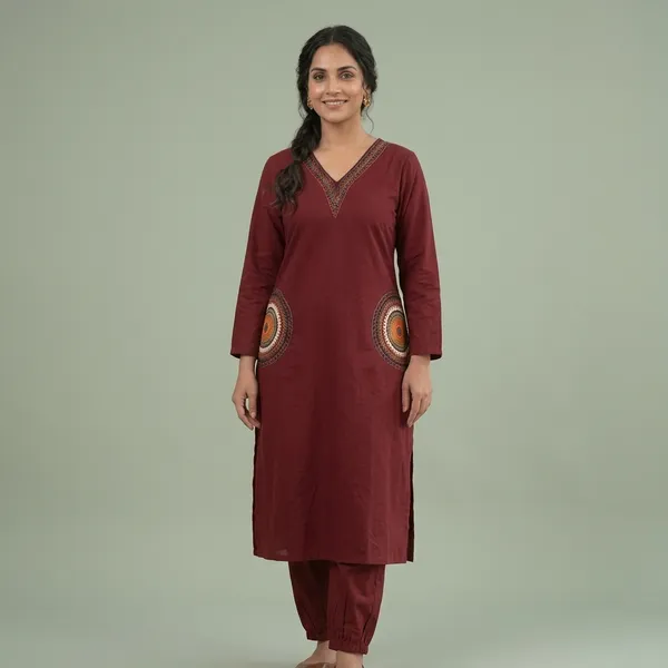 Maroon_Embroidered_Straight_Kurta_Set_For_Women