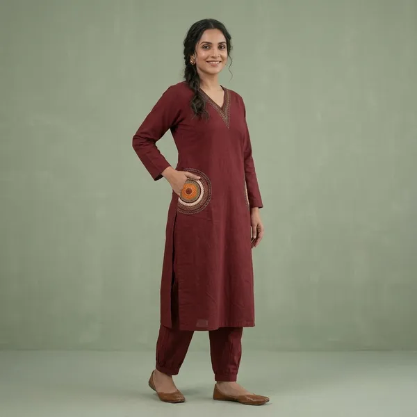 Maroon_Embroidered_Straight_Kurta_Set_For_Women