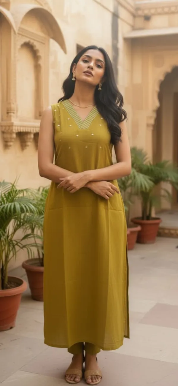 Mustard_Yellow_Cotton_Sleeveless_A-Line_Bead_Embellished_Kurta_For_Women