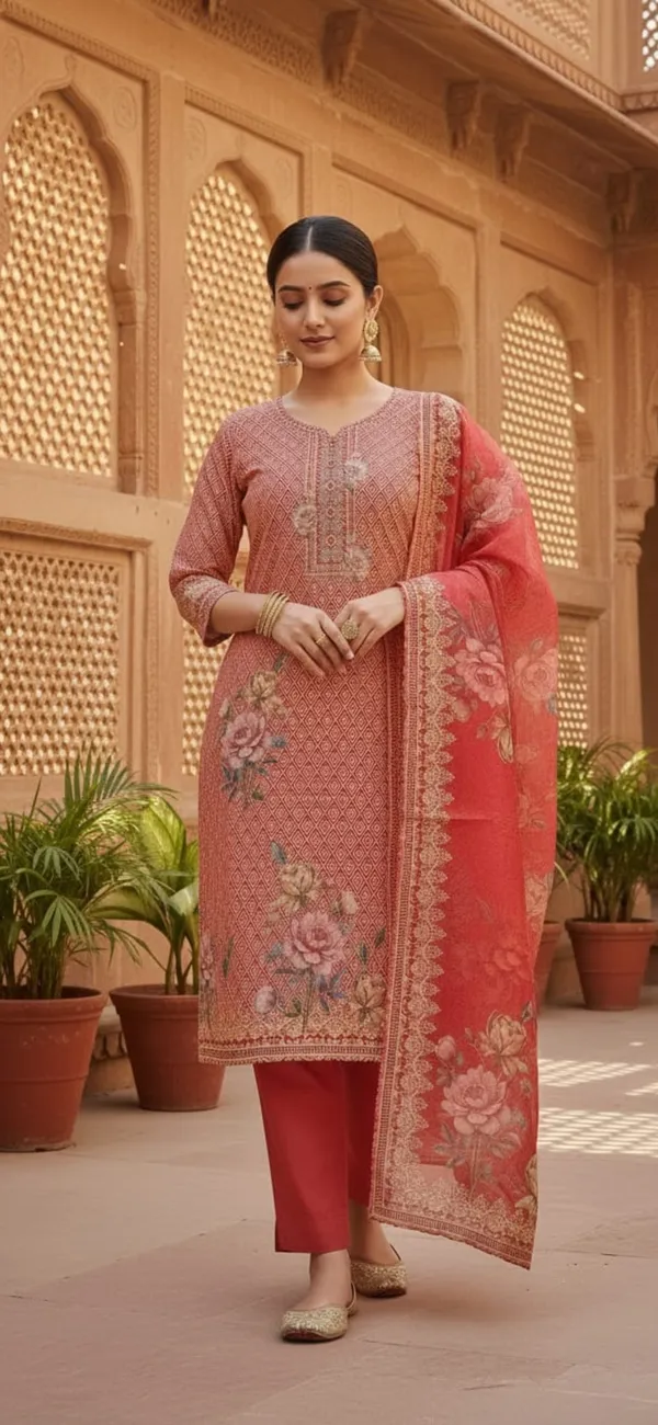 Peach_Silk_Straight_Ethnic_Print_Mirror_Work_Kurta_Set_For_Women