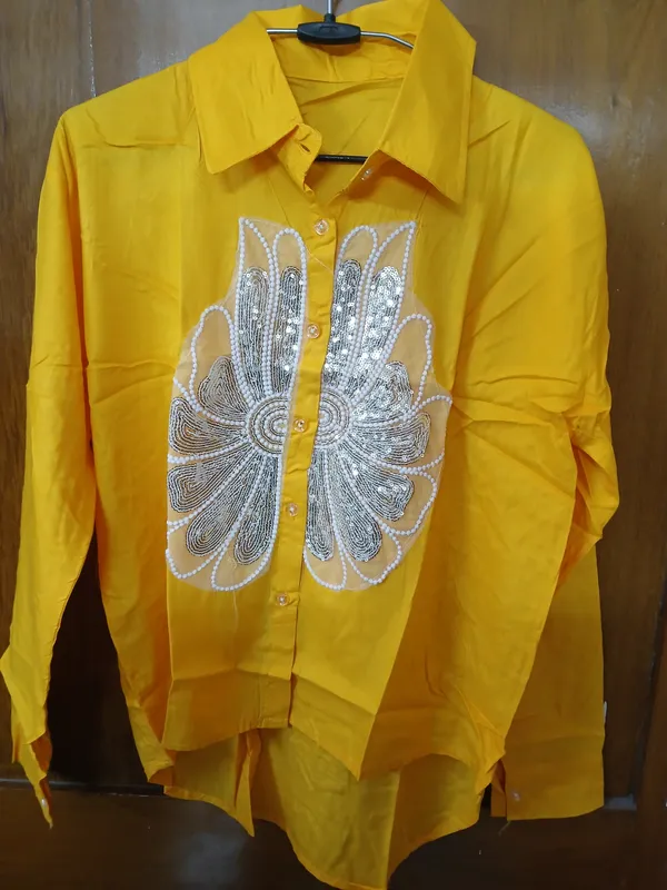 Yellow_Cotton_Embellished_Collared_Shirt_For_Women