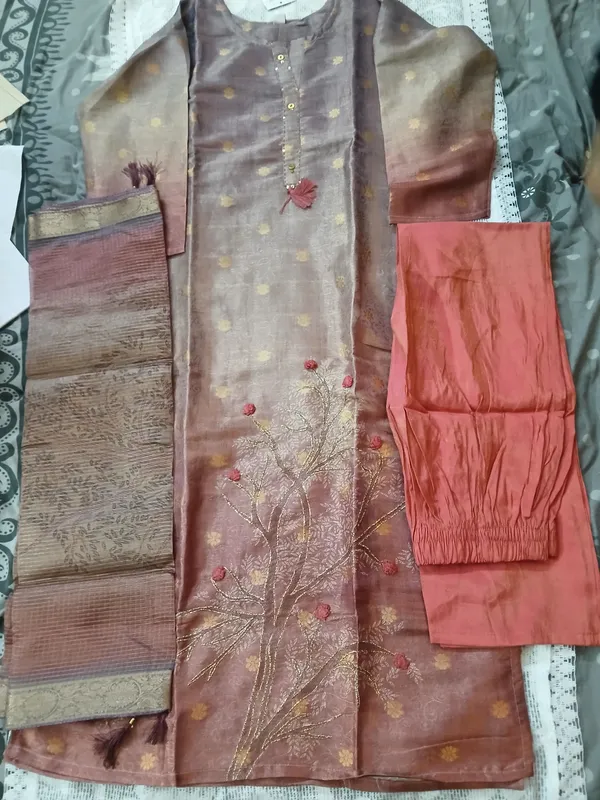 Brown_Tissue_Silk_Embroidered_Suit_Set_With_Peach_Dupatta_For_Women